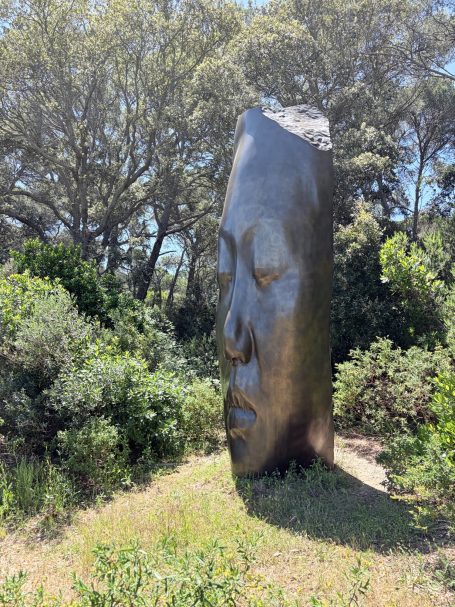 Große, vertikale Skulptur eines menschlichen Gesichts, umgeben von grüner Vegetation.