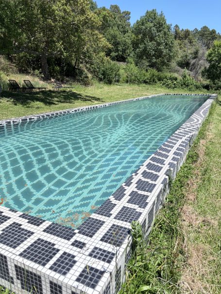 Ein rechteckiger Pool mit schimmerndem Wasser, umgeben von Bäumen und Grünflächen.