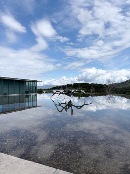 Moderne Architektur spiegelt sich in einem ruhigen Wasserbecken unter einem bewölkten Himmel.