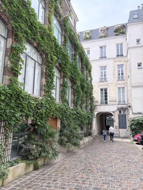 Blick auf eine gepflasterte Gasse mit begrünten Gebäuden und Leuten, die spazieren gehen.