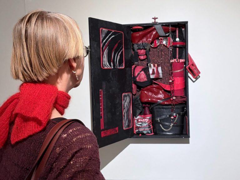 Rote und schwarze Gegenstände in einer Wandvitrine, betrachtet von einer Person.