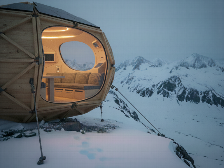 Holzhütte auf einem schneebedeckten Berg mit panoramic Fenster und gemütlicher Innenausstattung.