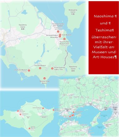 Karte mit Standorten für Museen und Kunsthäuser auf zwei japanischen Inseln.